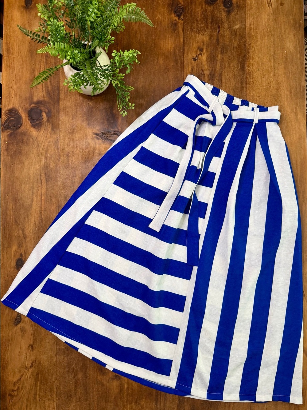 Blue & White Striped Paperbag Midi Skirt | Tie Waist | Size Small